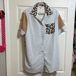 Entro Striped Shirt Dress with Leopard Accents